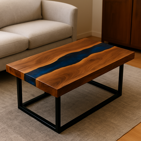 Mesa ratona de madera y resina epoxi azul – diseño river