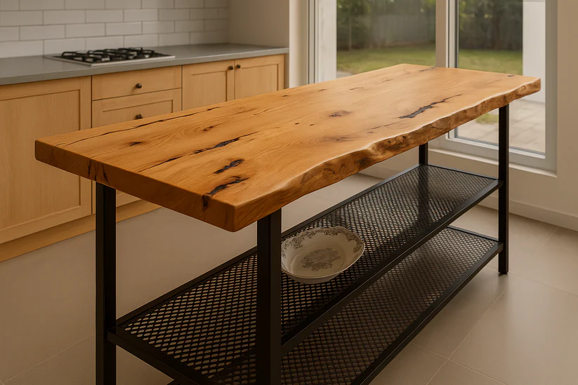 cocina1 Barra de ciprés de canto vivo. Base en Hierro